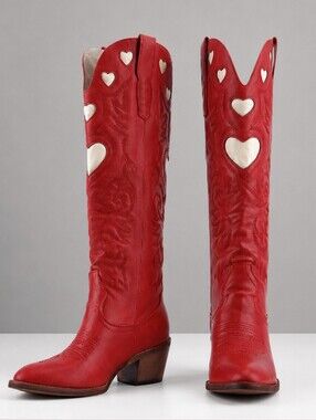 Women’s Red Heart Cutout Cowboy Boots Size 9 Knee High Western Cowgirl Pull On